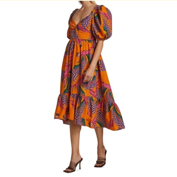 NWT farm rio Macau puff sleeve midi dress in orange - Picture 3 of 11